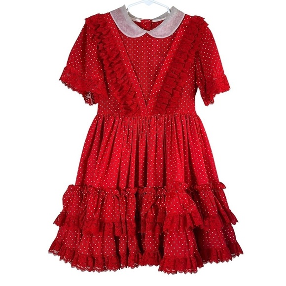 VINTAGE 80s LILO CALIFORNIA USA Ruffle Tiered Polka Dot Lace Trim Dress - Picture 2 of 12